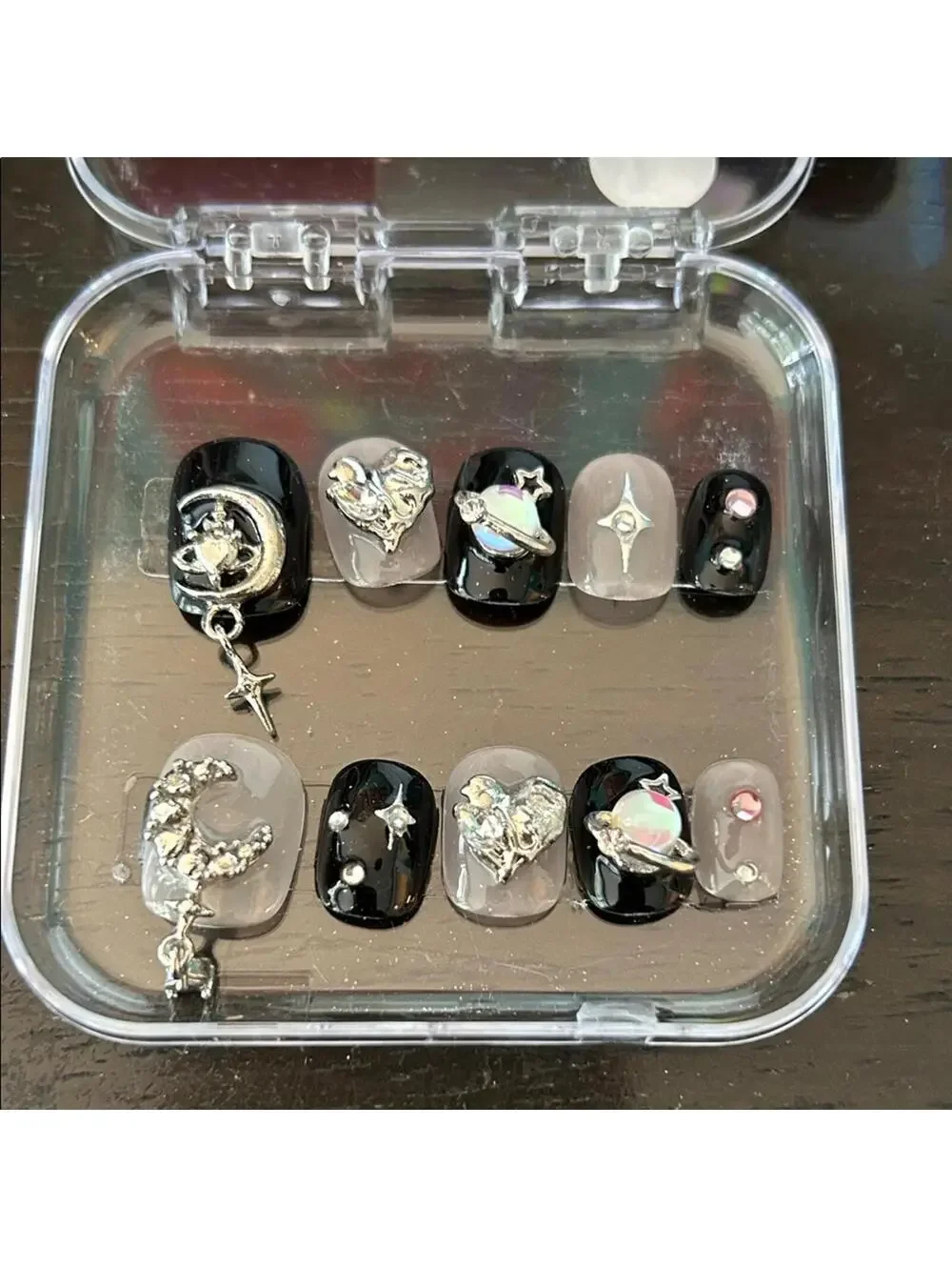 Black and Silver Handmade Celestial Nail Set